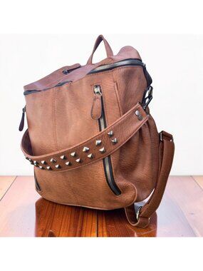 Roulens Brown Studded Faux Leather Convertible Backpack Multiple Compartments